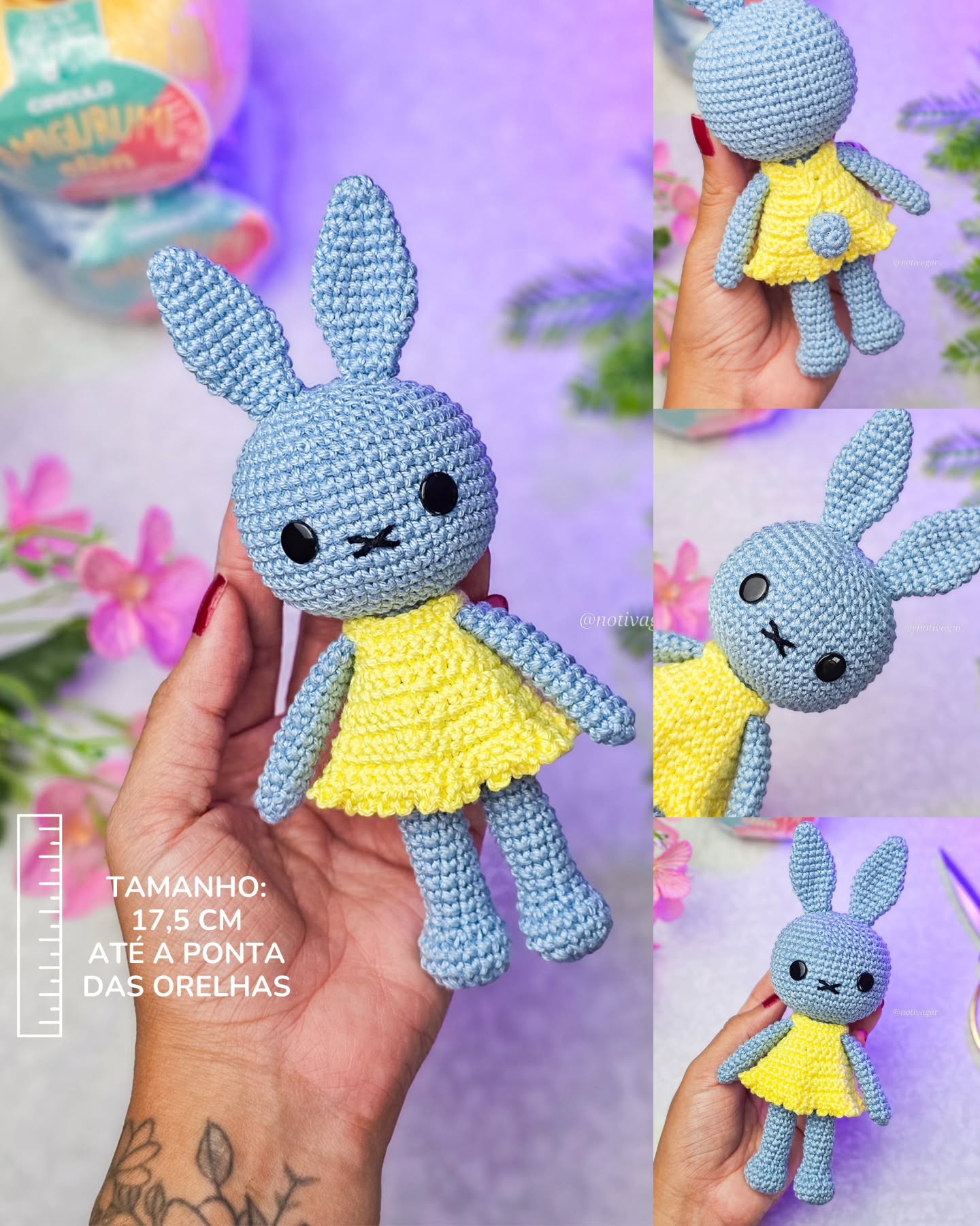 Gráfico de amigurumi de coelhinha azul e amarelo: receita gratuita