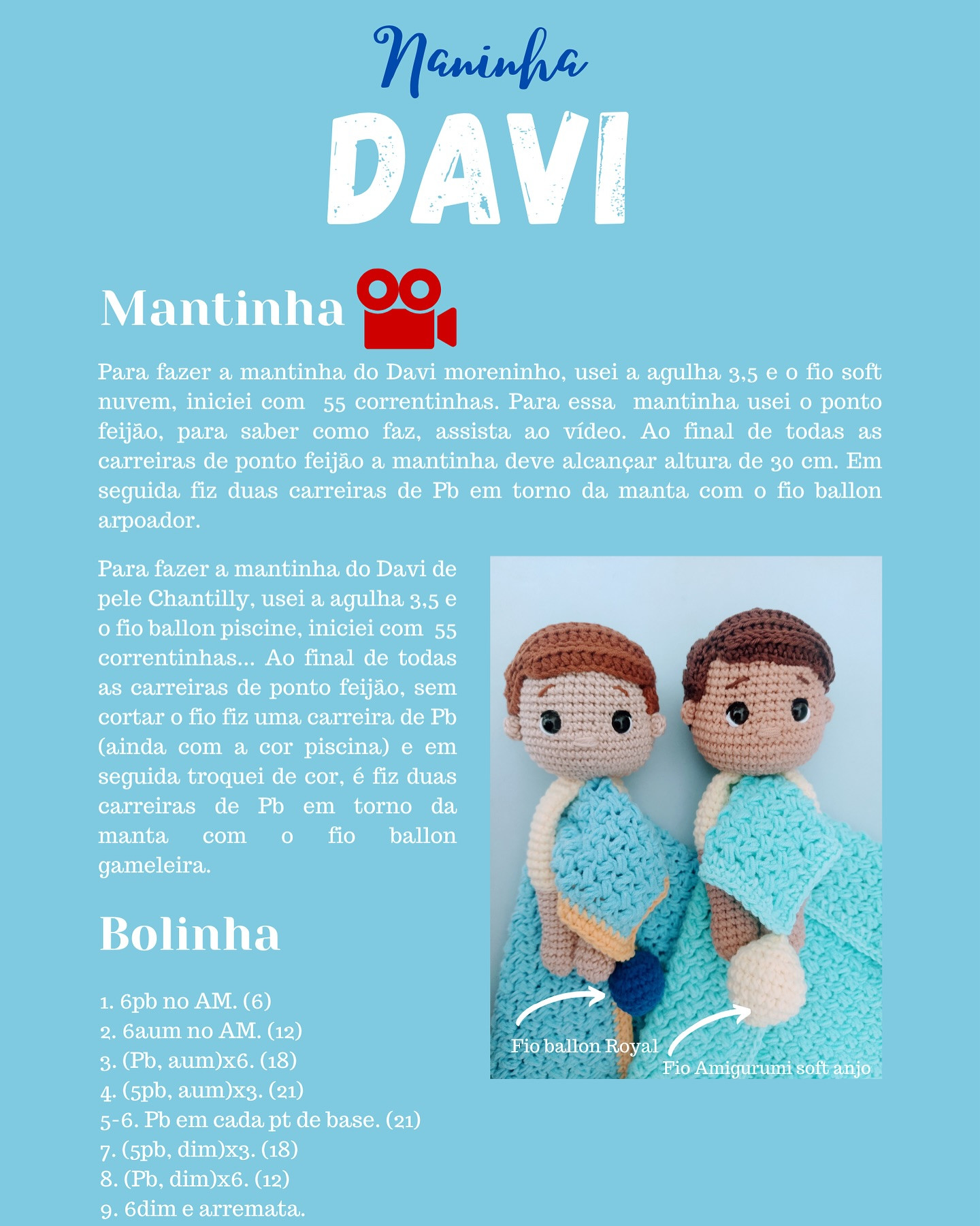 Gráfico de crochê: Bebê Davi em mantinha azul.