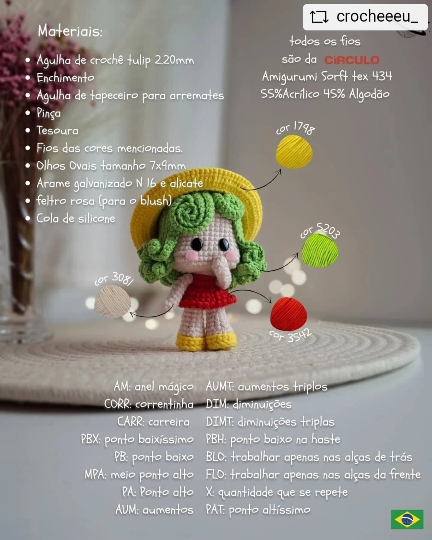 Gráfico de crochê: Boneca com chapéu amarelo
