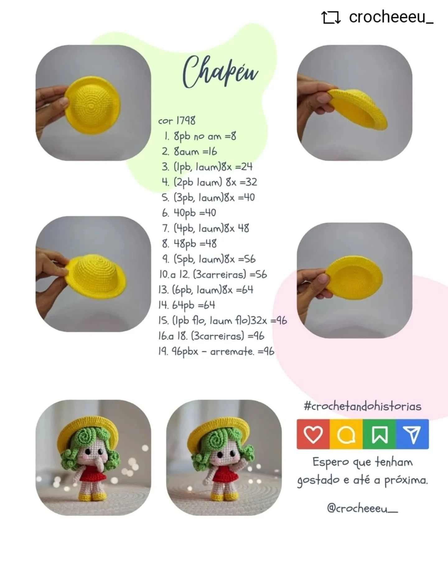 Gráfico de crochê: Boneca com chapéu amarelo