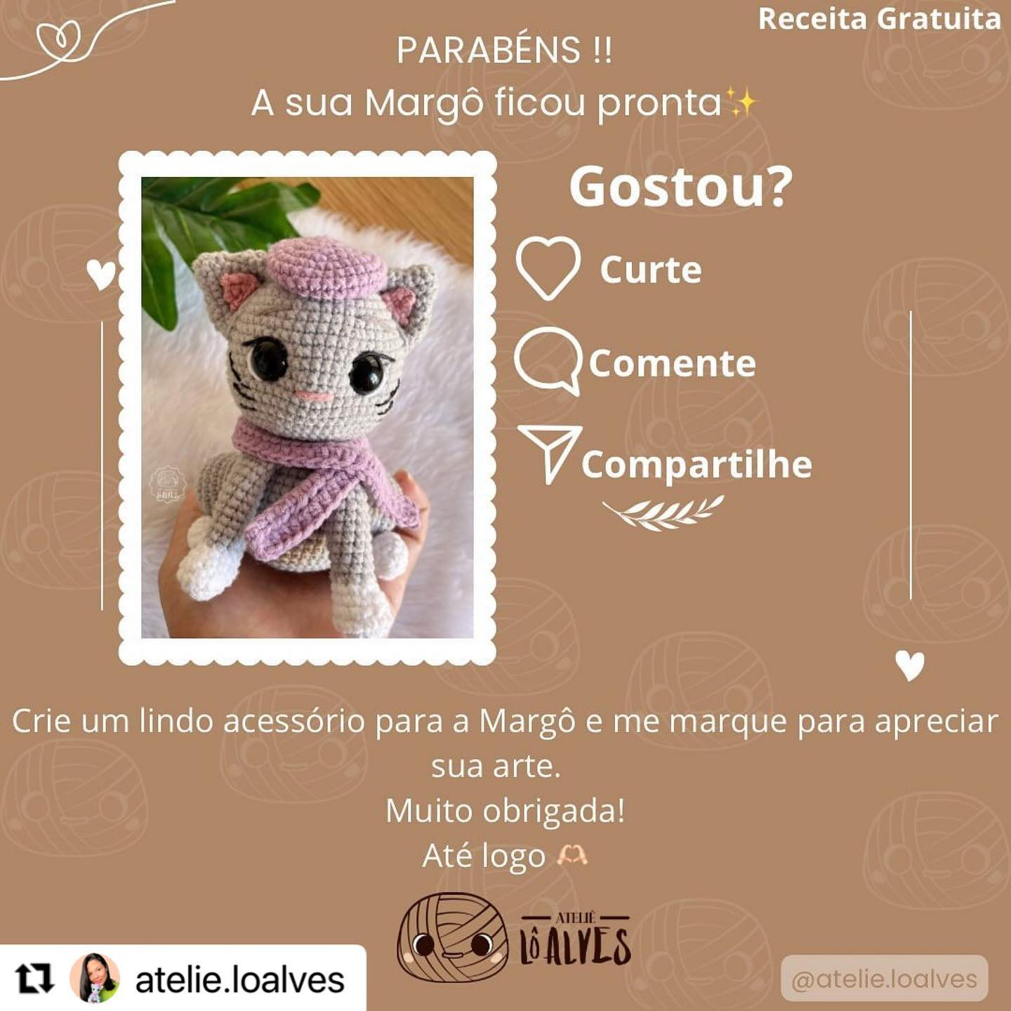 Gráfico de crochê grátis: Gatinha charmosa com gorro e cachecol