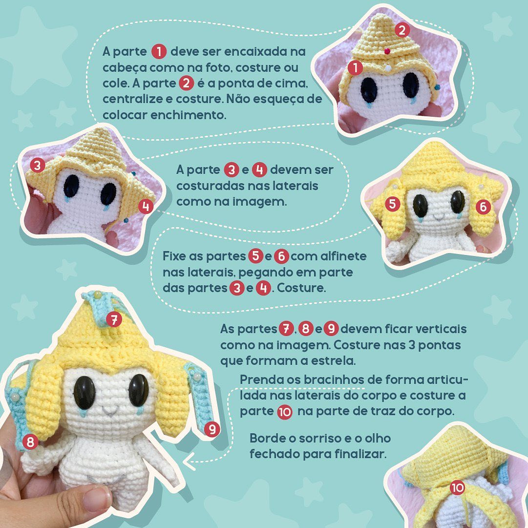 Gráfico de crochê Jirachi amigurumi:  Gráfico para criar um amigurumi de Jirachi, personagem do universo Pokémon.