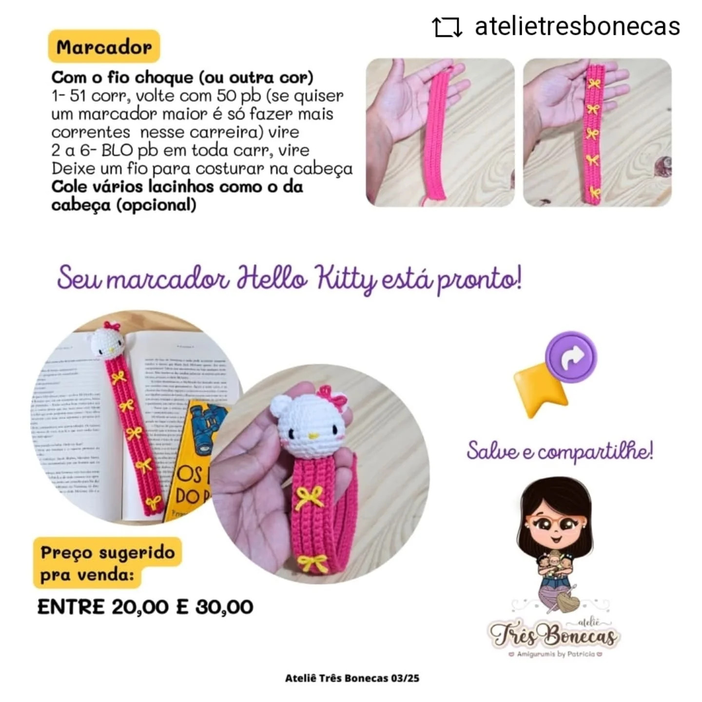 Gráfico de crochê marcador de página Hello Kitty grátis