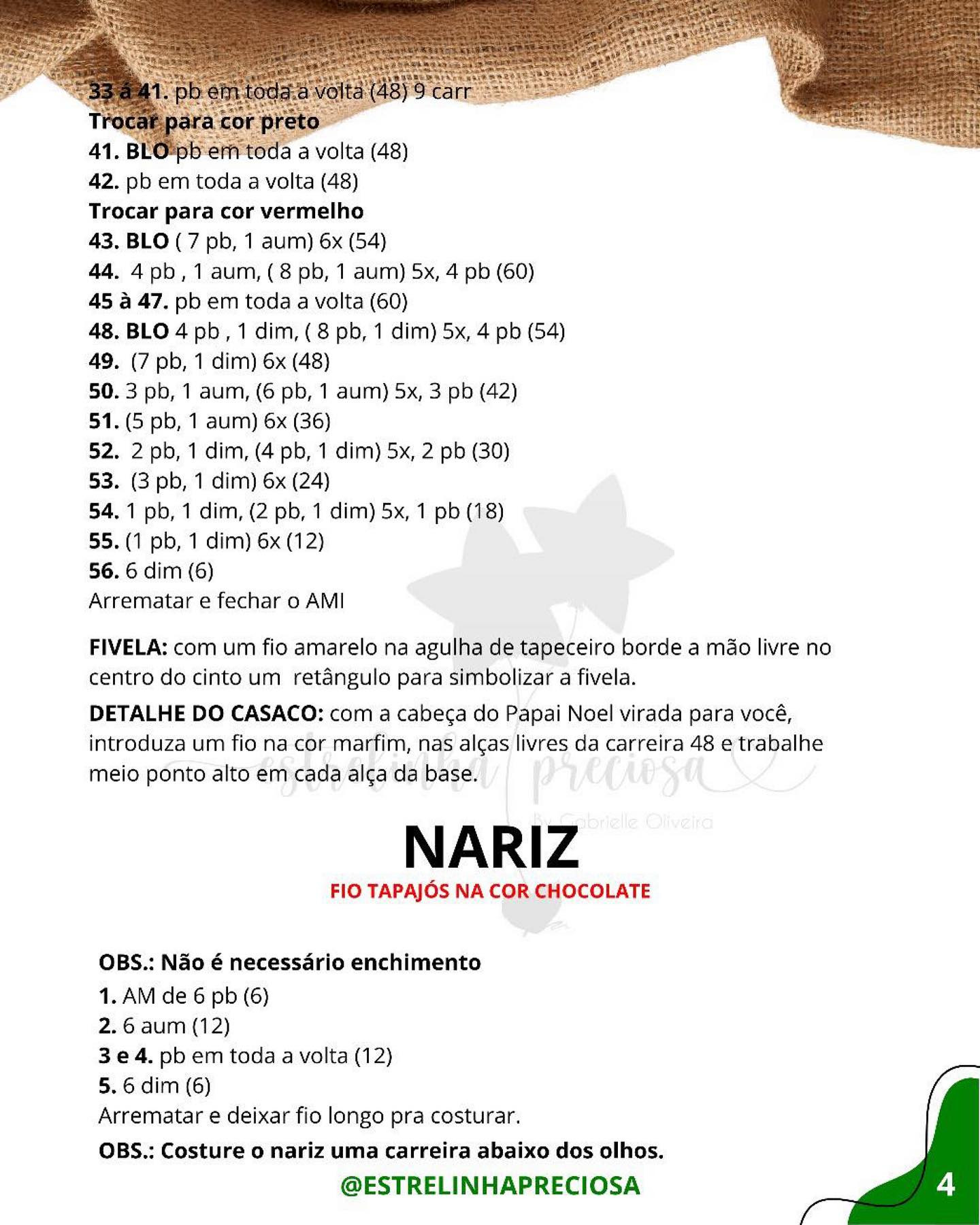 Gráfico de crochê Papai Noel amigurumi com medidas.