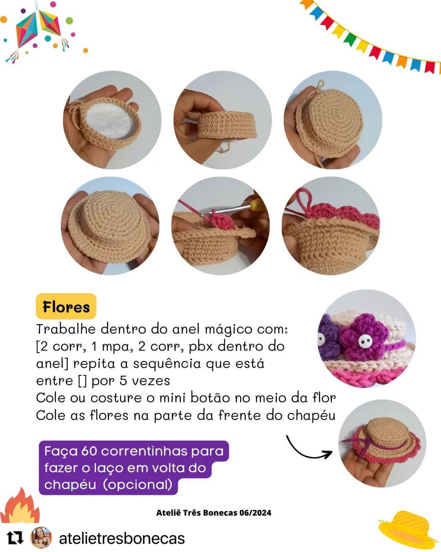Grátis: Padrão de Crochê para Mini Chapéu de Palha