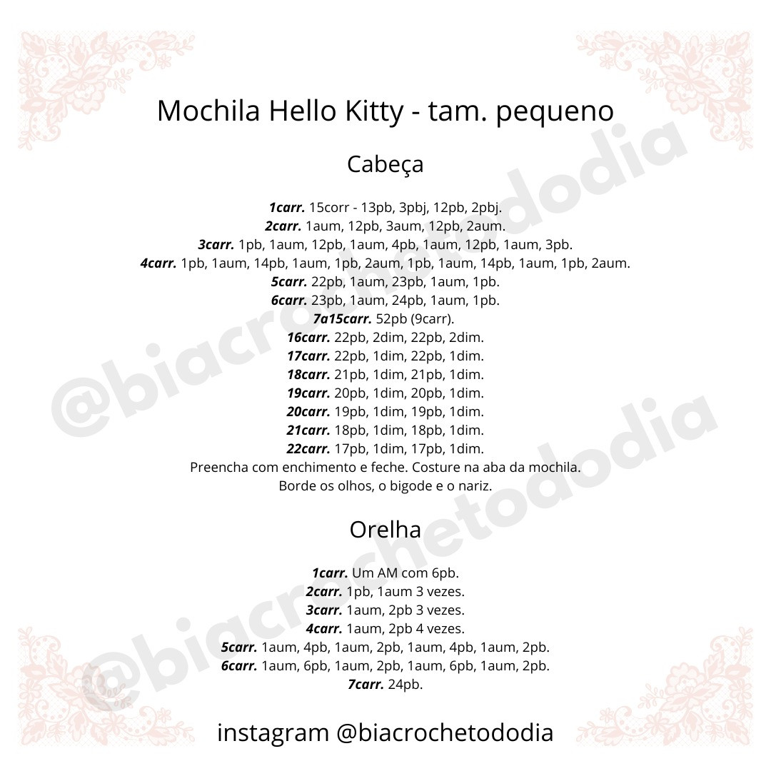Mochila Hello Kitty em crochê: Gráfico em 3 tamanhos