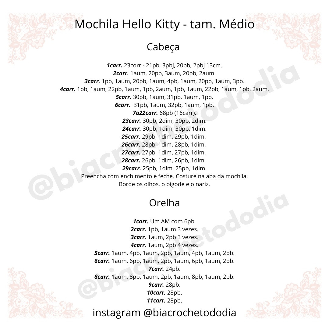 Mochila Hello Kitty em crochê: Gráfico em 3 tamanhos