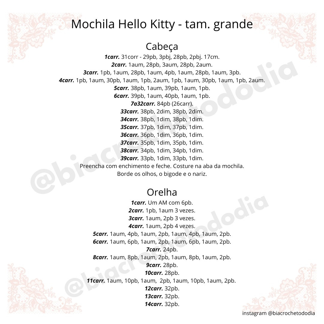 Mochila Hello Kitty em crochê: Gráfico em 3 tamanhos