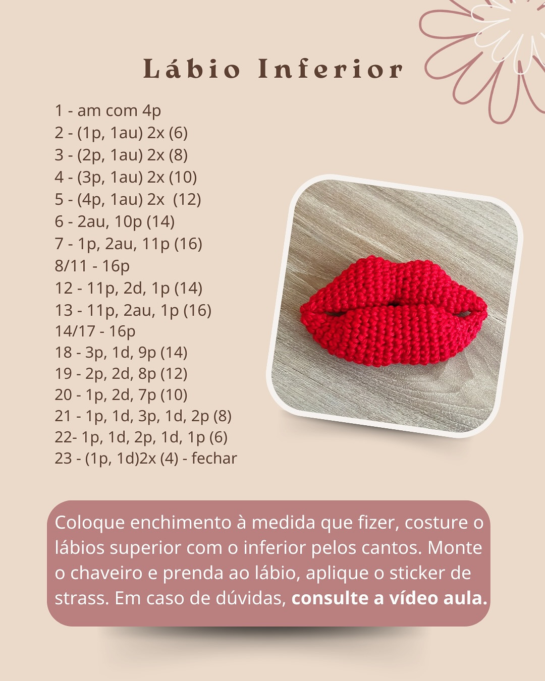 Padrão de chaveiro em formato de beijo em crochê.