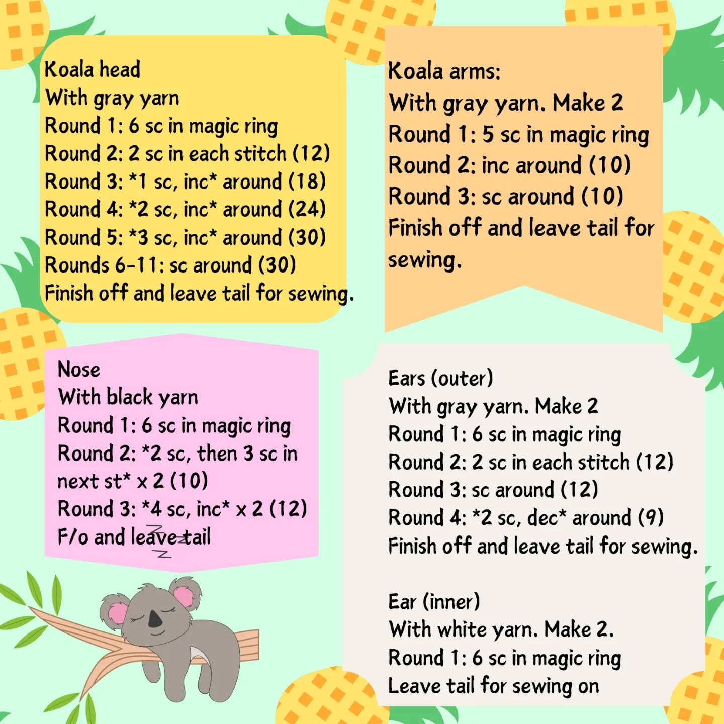 Piña Colada Koala Amigurumi Crochet Pattern