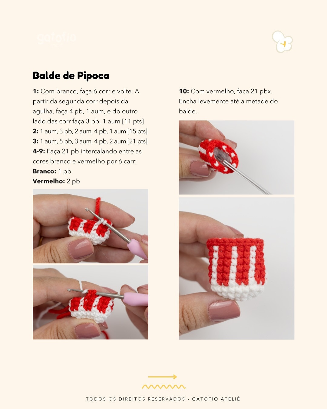 Pipoca em formato de broche: Gráfico de crochê grátis.