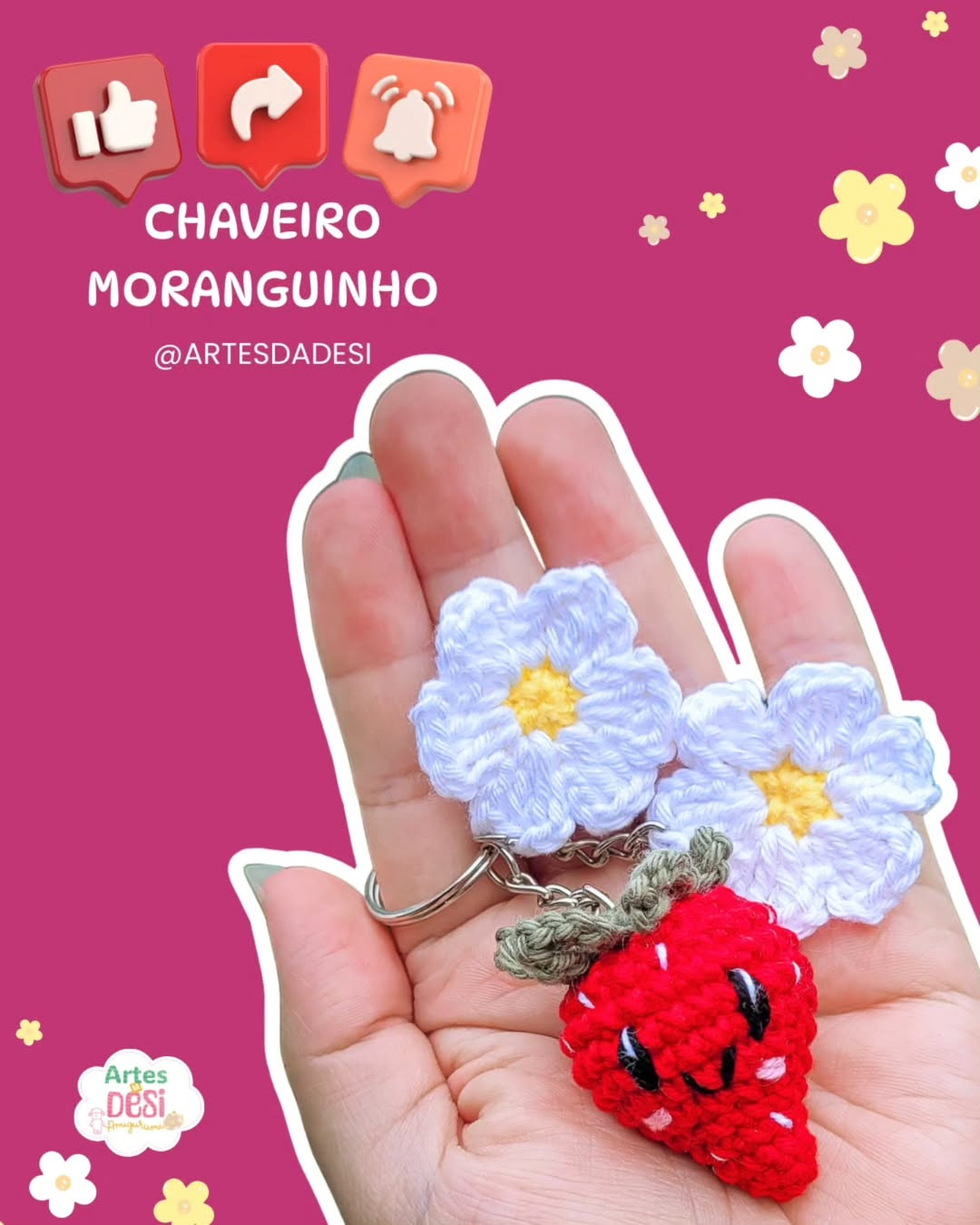 RECEITA GRÁTIS: CHARME DE MORANGO CROCHETADO