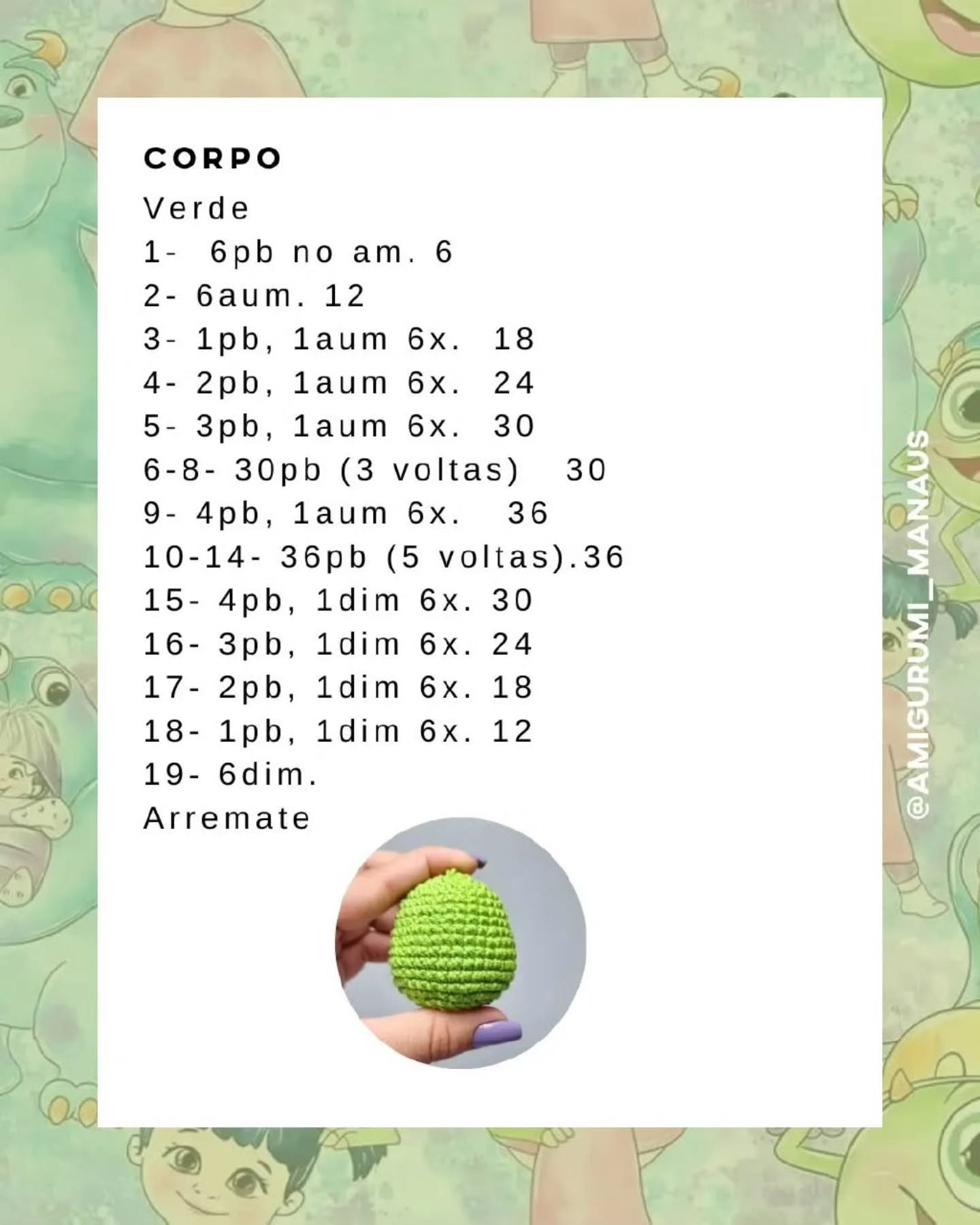 Receita Grátis de Mike Wazowski Amigurumi (chaveiro) de Halloween