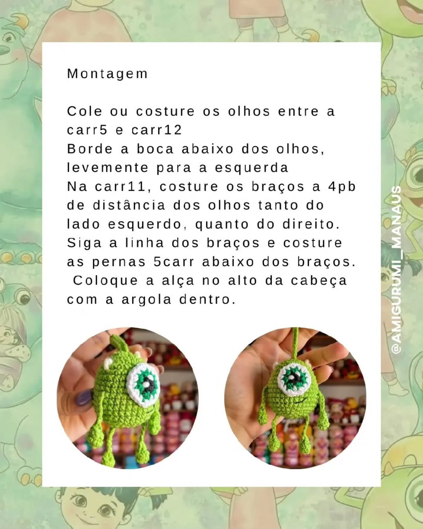 Receita Grátis de Mike Wazowski Amigurumi (chaveiro) de Halloween