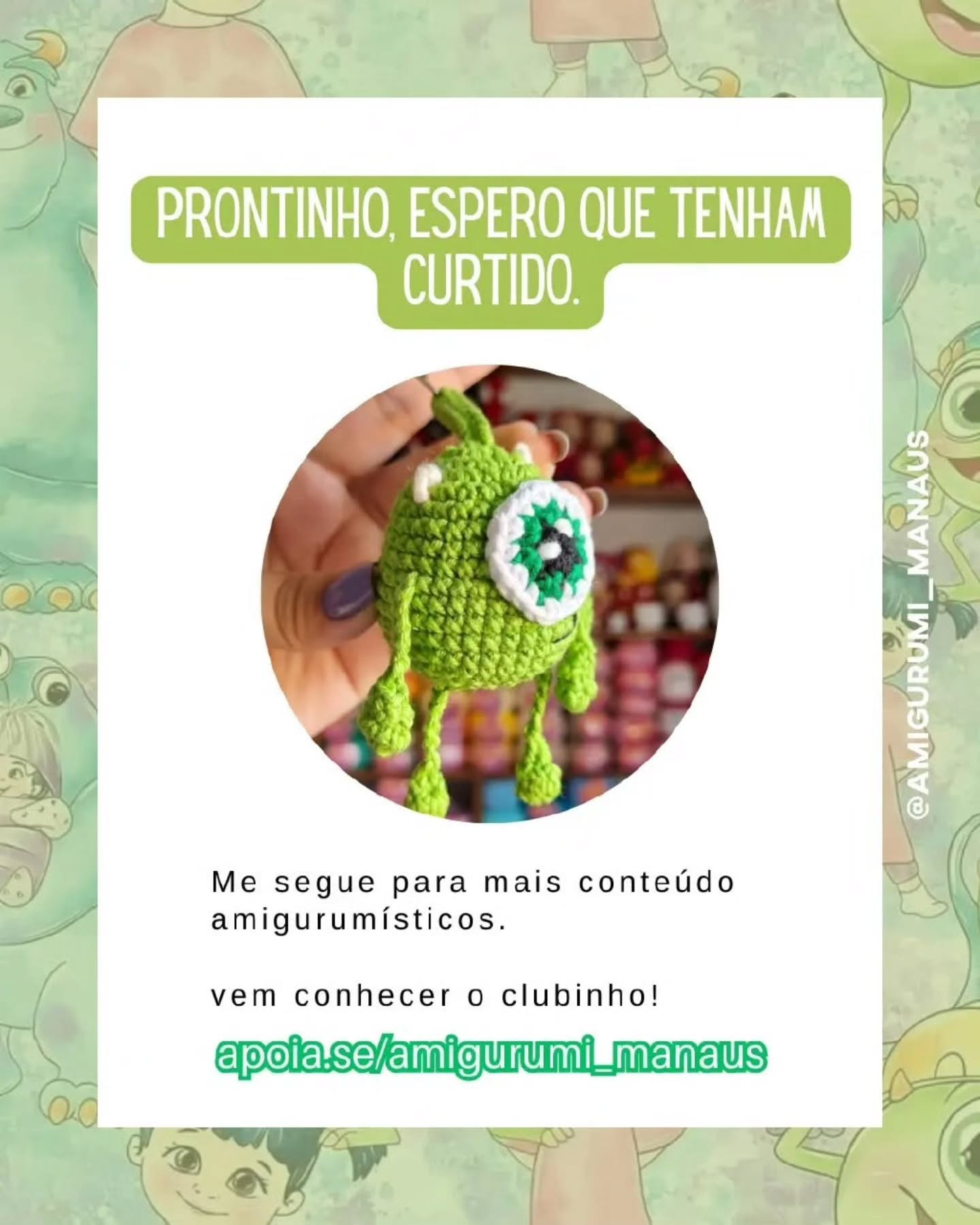 Receita Grátis de Mike Wazowski Amigurumi (chaveiro) de Halloween