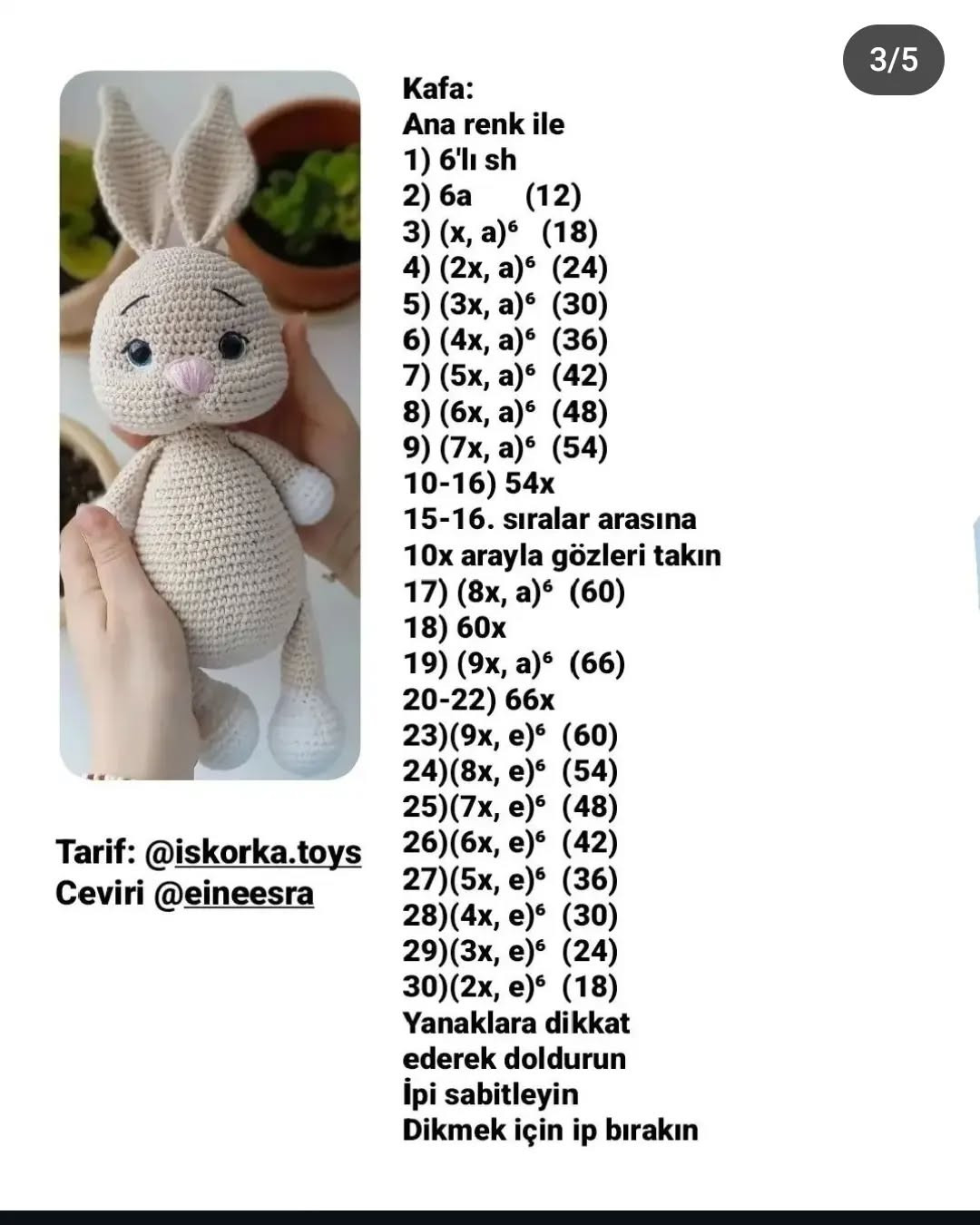 Sevimli Örgü Tavşan Şeması: 26 cm Boyunda