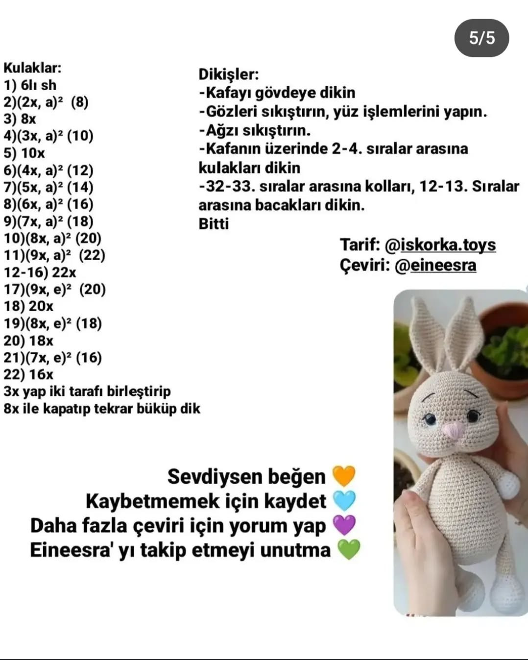 Sevimli Örgü Tavşan Şeması: 26 cm Boyunda