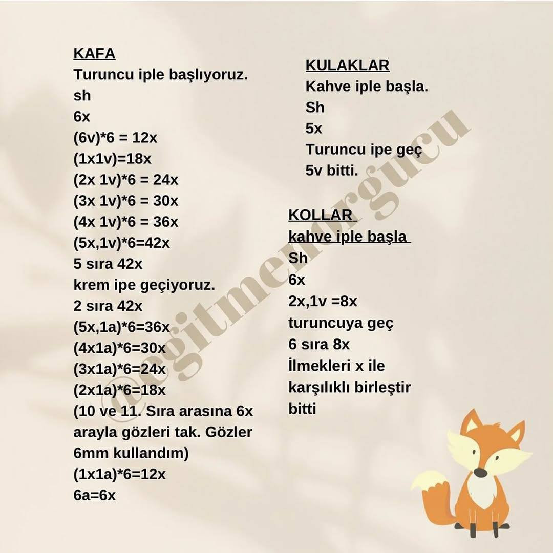 Ücretsiz Sevimli Tilki Amigurumi Şeması