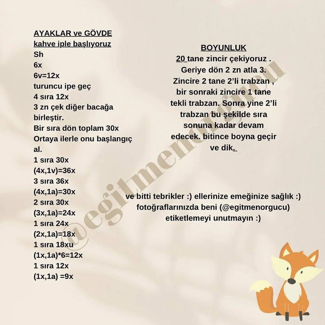 Ücretsiz Sevimli Tilki Amigurumi Şeması