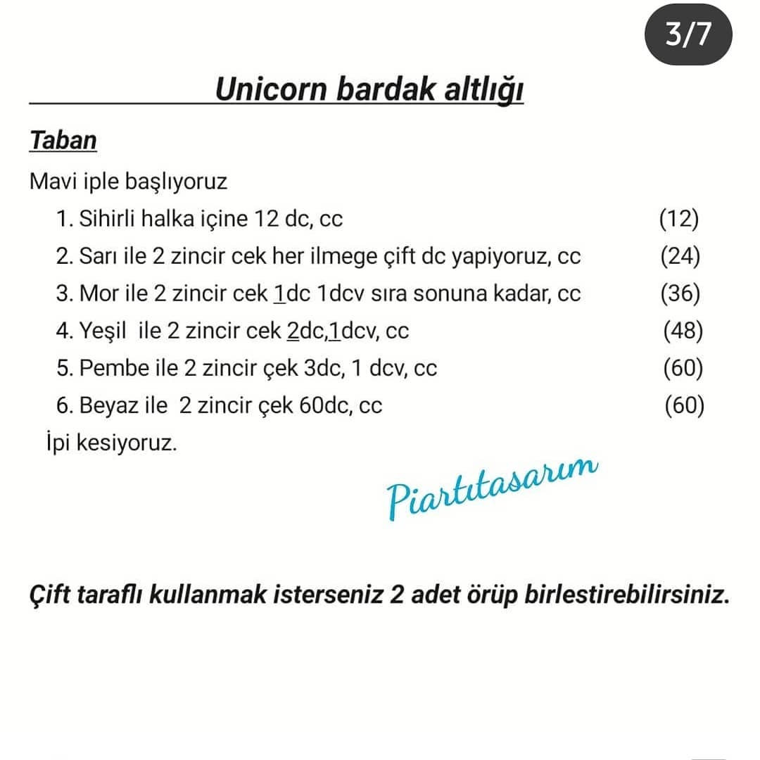 Unicorn Bardak Altlığı:  Ücretsiz Tığ İşi Şeması