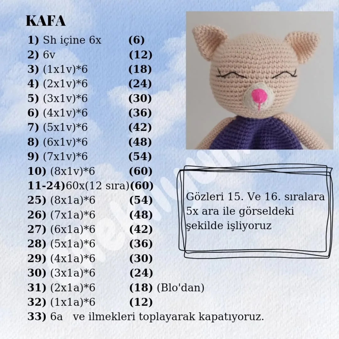UYKUYA DALAN KEDİCİK AMİGURUMİ ŞEMASI