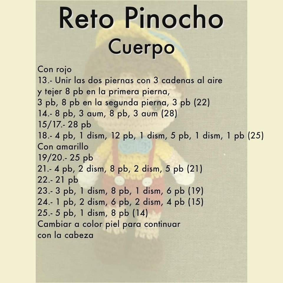 Gráfico de amigurumi de Pinocho tejido a crochet