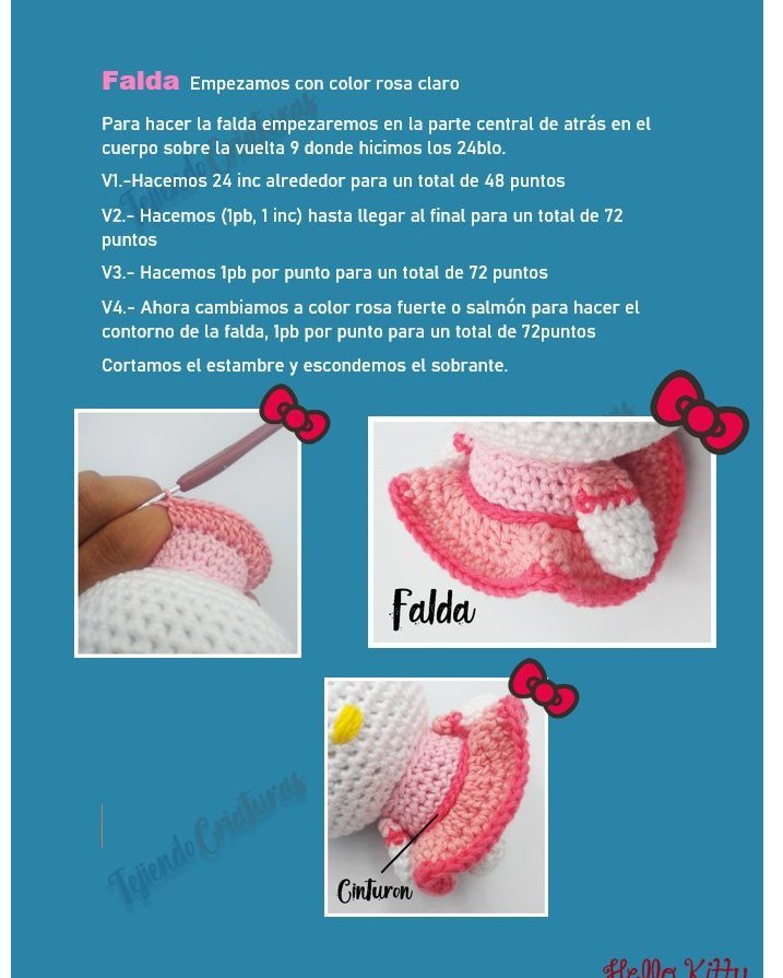 Gráfico de amigurumi Hello Kitty en vestido rosa.