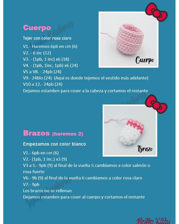 Gráfico de amigurumi Hello Kitty en vestido rosa.