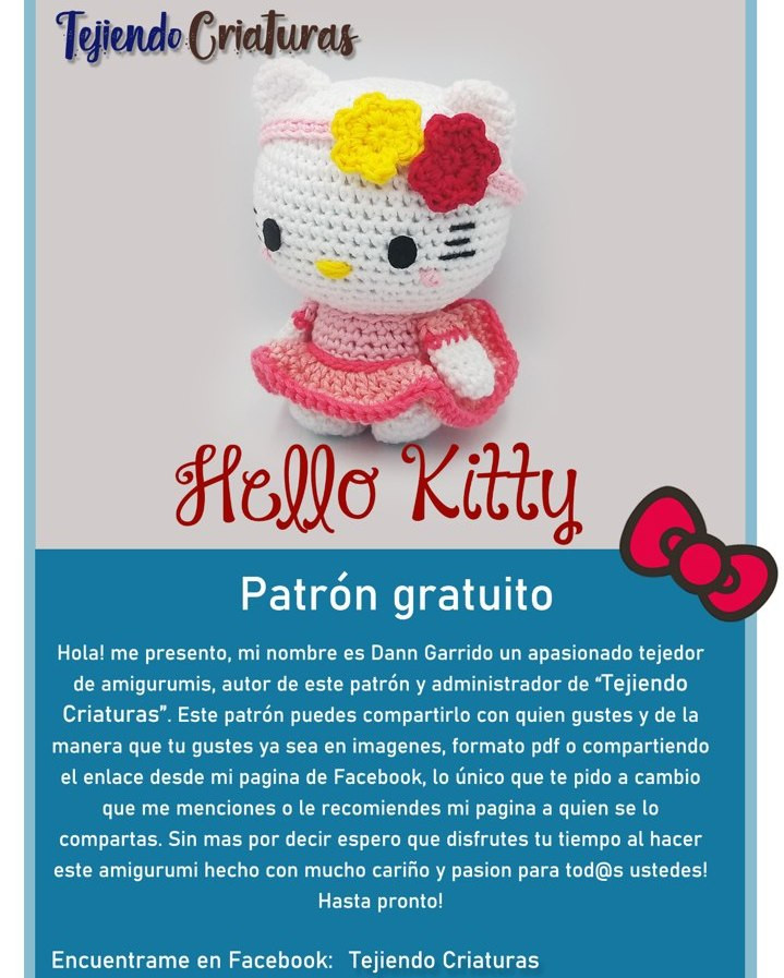 Gráfico de amigurumi Hello Kitty en vestido rosa.