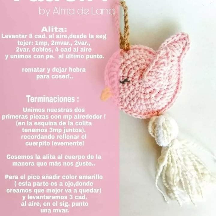 Gráfico de Amigurumi: Pajarito Rosa con Borla