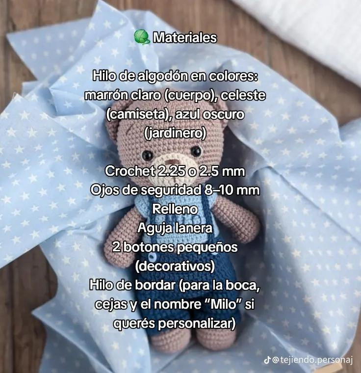 Patrón de amigurumi: Osito Milo con jardinero de nivel intermedio