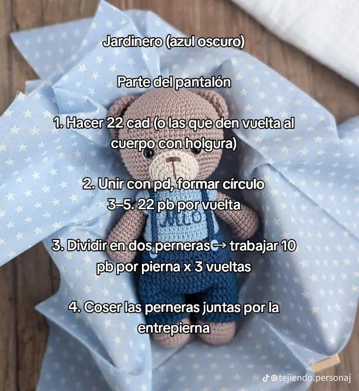 Patrón de amigurumi: Osito Milo con jardinero de nivel intermedio