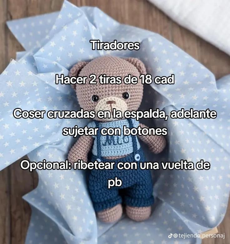 Patrón de amigurumi: Osito Milo con jardinero de nivel intermedio