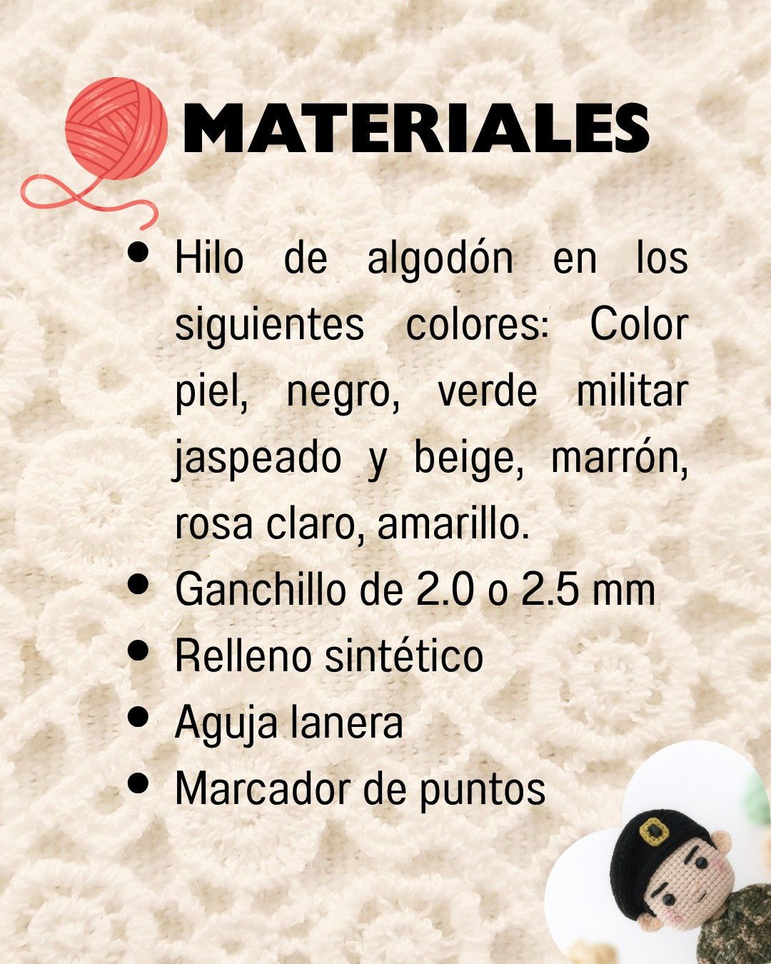 Patrón de muñeco de ganchillo en uniforme militar detallado