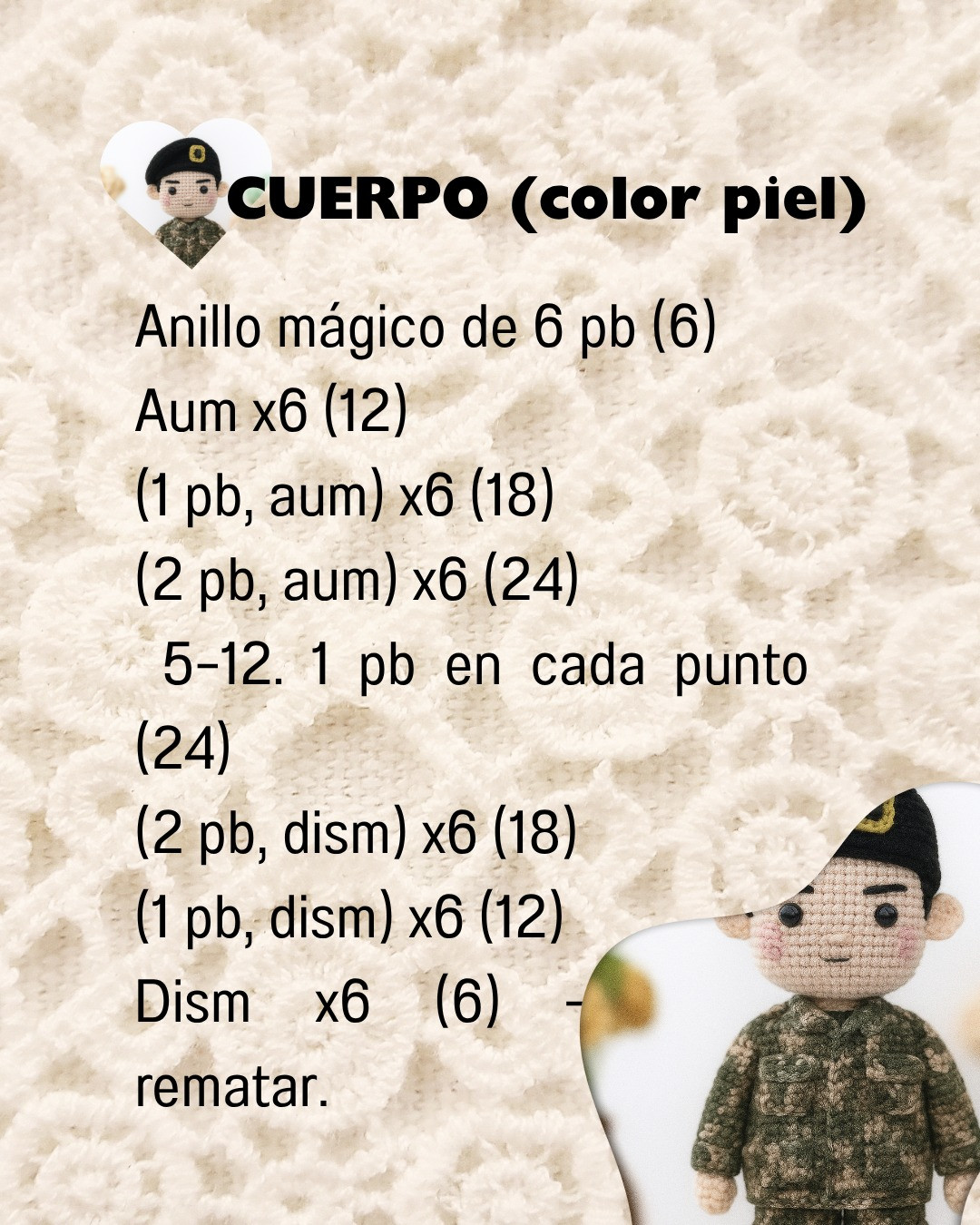 Patrón de muñeco de ganchillo en uniforme militar detallado