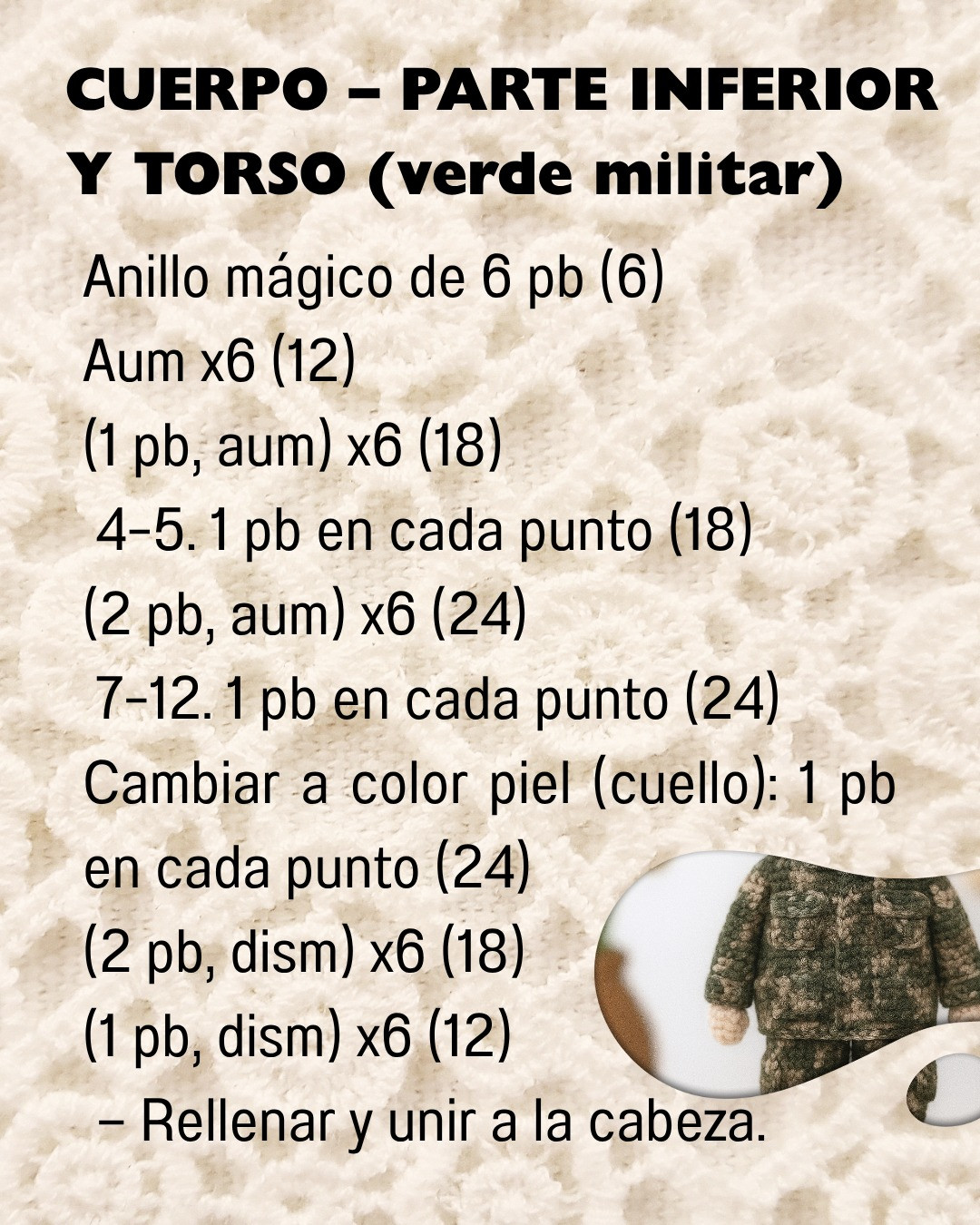 Patrón de muñeco de ganchillo en uniforme militar detallado
