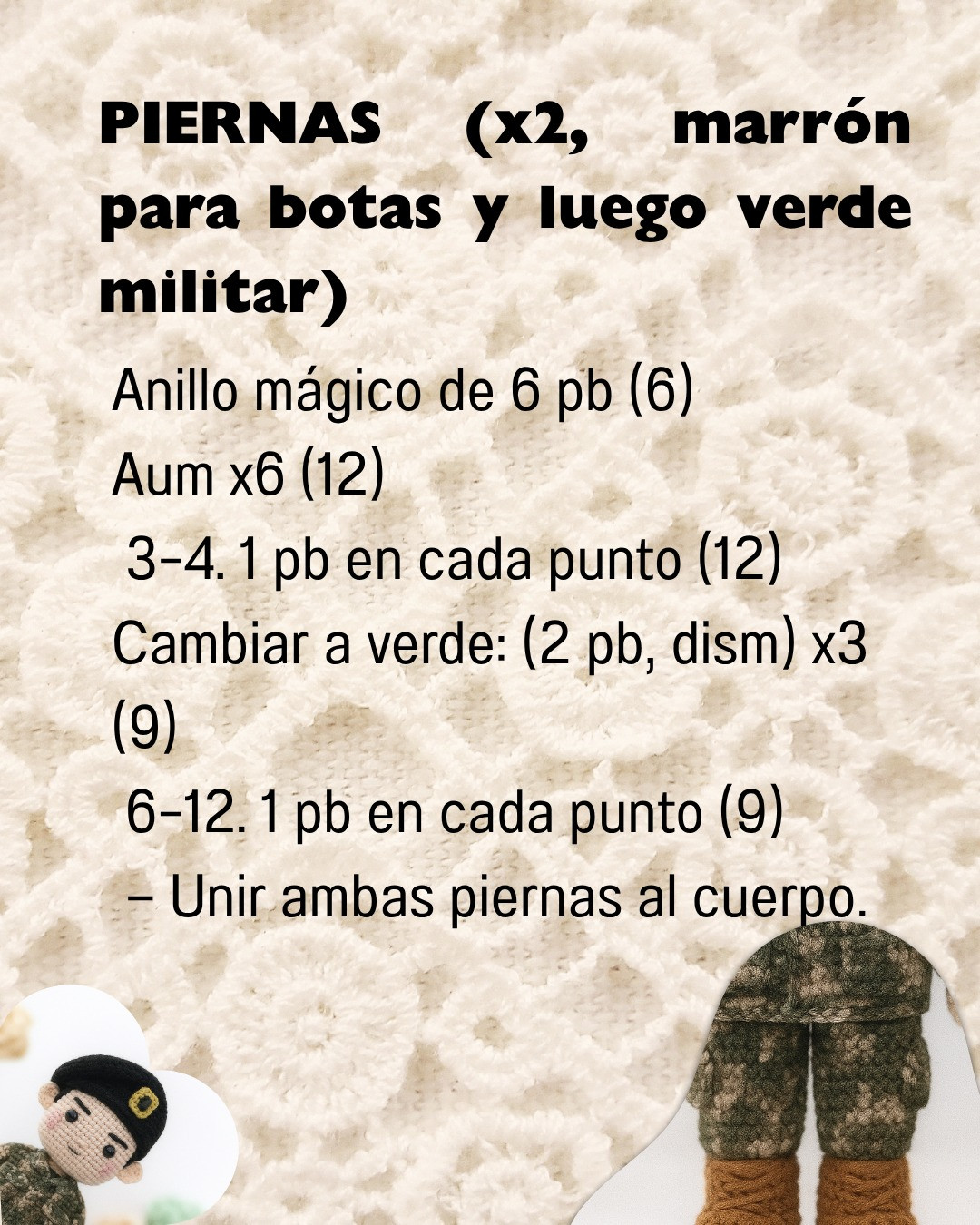 Patrón de muñeco de ganchillo en uniforme militar detallado