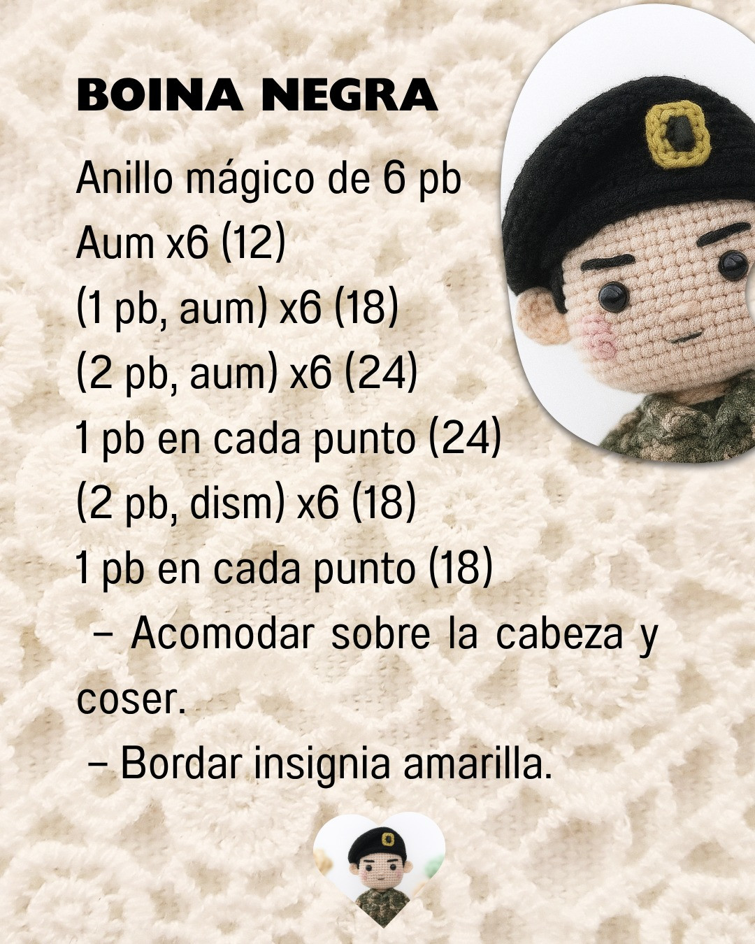 Patrón de muñeco de ganchillo en uniforme militar detallado