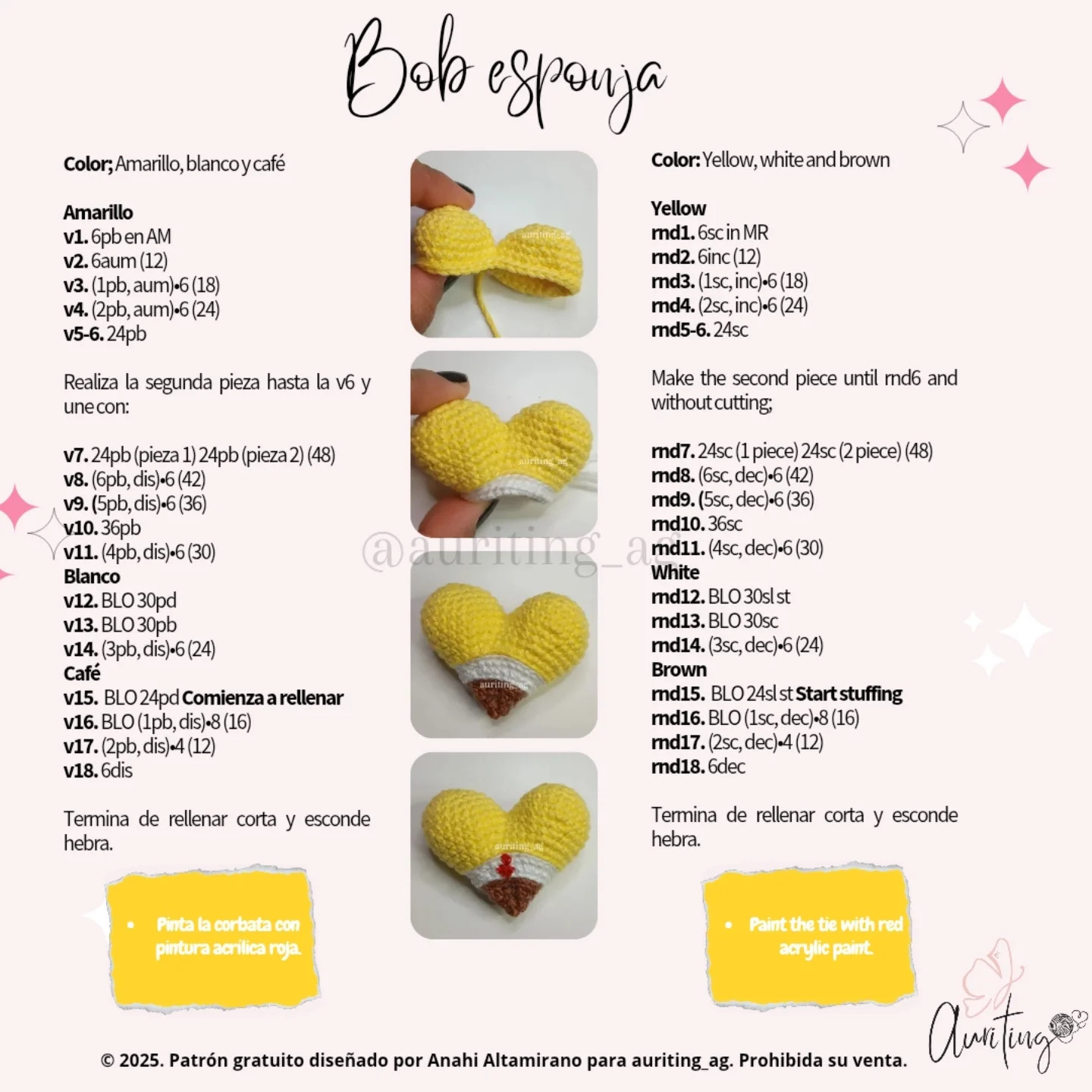 Patrón gratis: Amigurumis Corazón Bob Esponja y Patricio