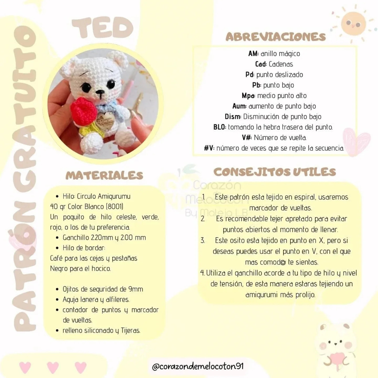 Patrón gratuito amigurumi: Osito con flor.