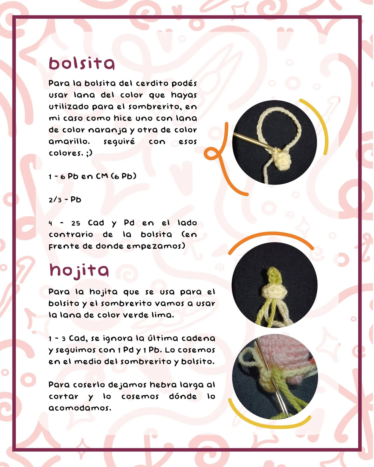 Patrón gratuito: Cerditos amigurumi con sombreros y bolsos de fruta