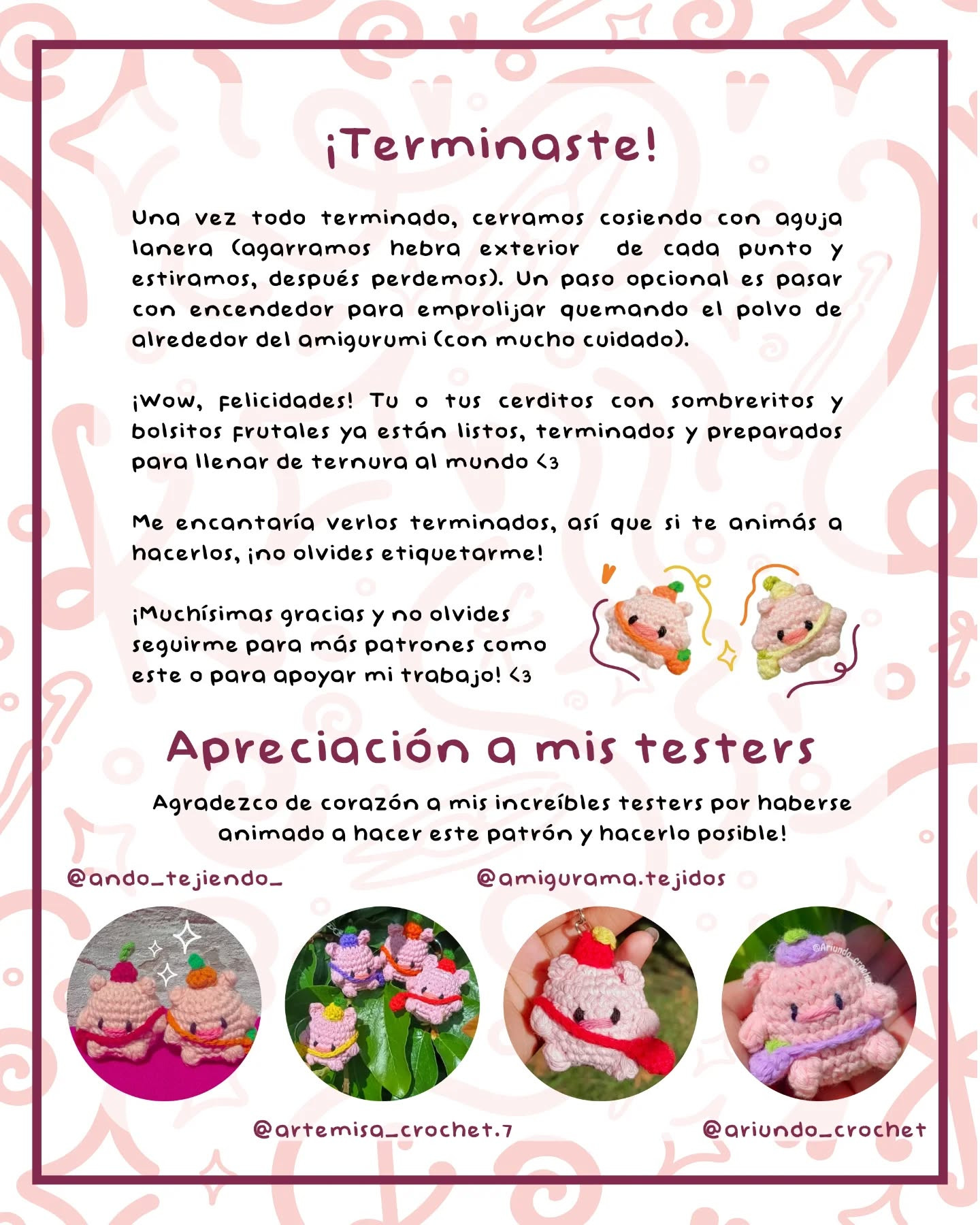 Patrón gratuito: Cerditos amigurumi con sombreros y bolsos de fruta