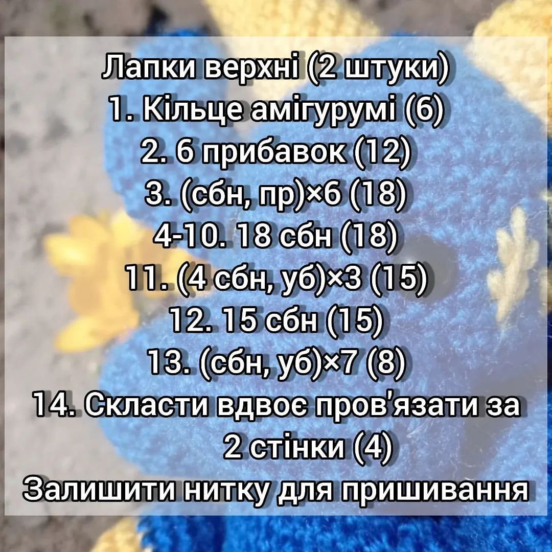 Схема в'язання синього бичка з жовтими рогами та лапками.