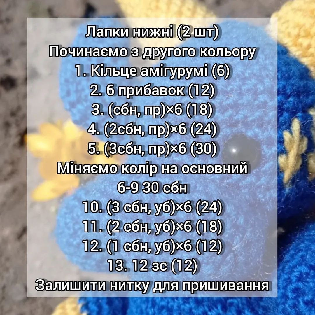 Схема в'язання синього бичка з жовтими рогами та лапками.
