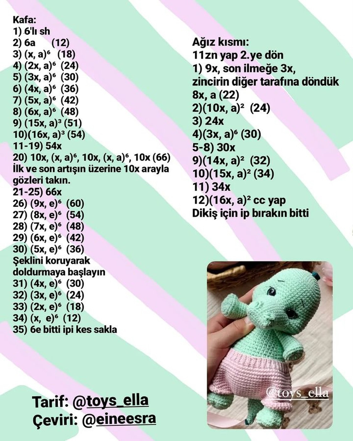 Tığ işi Sevimli Dinozor Şeması