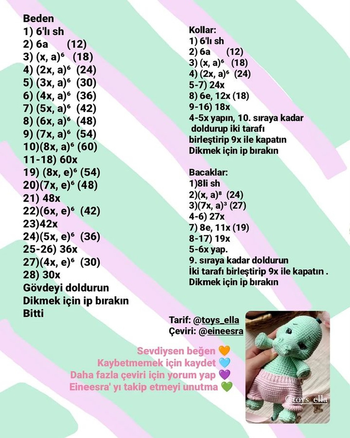 Tığ işi Sevimli Dinozor Şeması