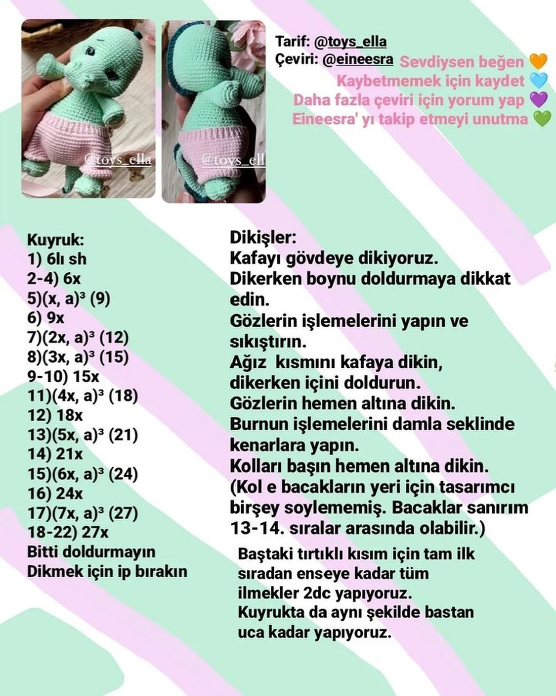 Tığ işi Sevimli Dinozor Şeması
