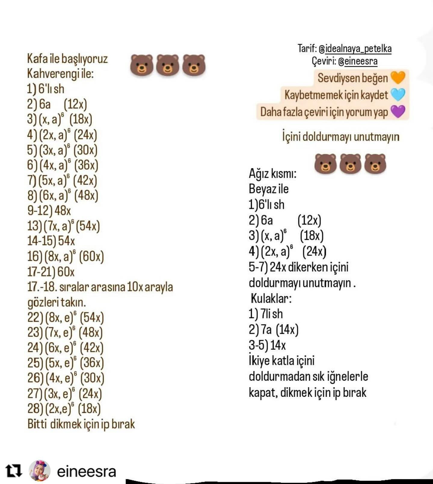 Ücretsiz amigurumi ayı tarifi.