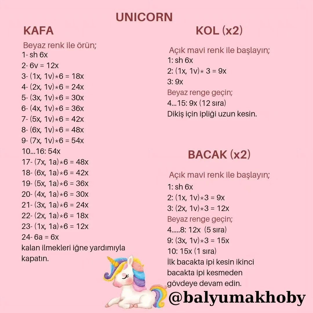 Ücretsiz Unicorn Amigurumi Tığ İşi Şeması