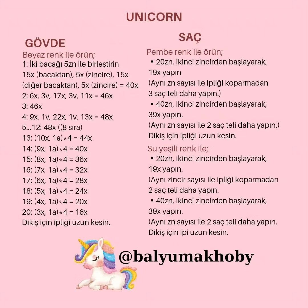 Ücretsiz Unicorn Amigurumi Tığ İşi Şeması